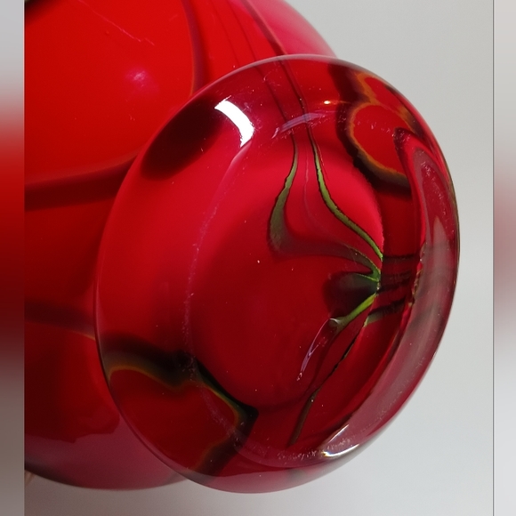Red White Cased Glass Vase Art Green Orange Ribbon Lines, approx. 12" Tall - Picture 3 of 7